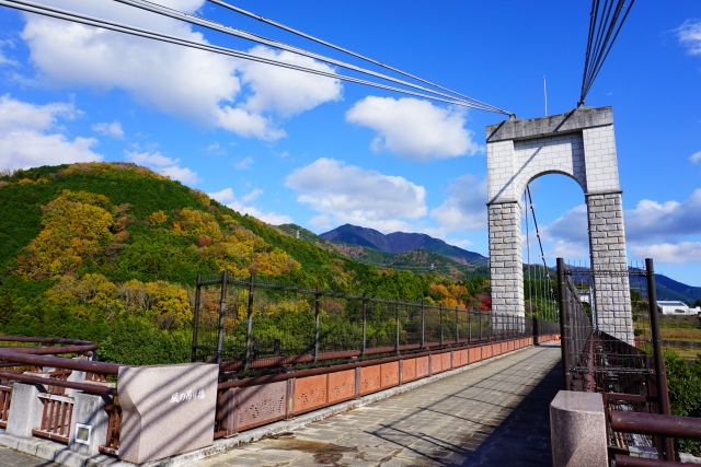 Suspension bridge in Hadano with Tanzawa mountains – 秦野の吊り橋と丹沢